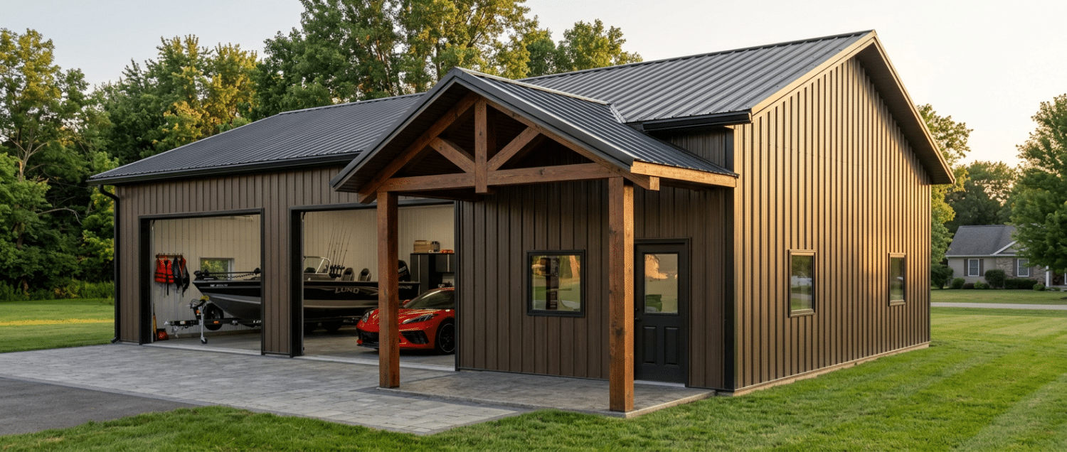 Custom metal building with overhead doors, covered porch, and a landscaped exterior.
