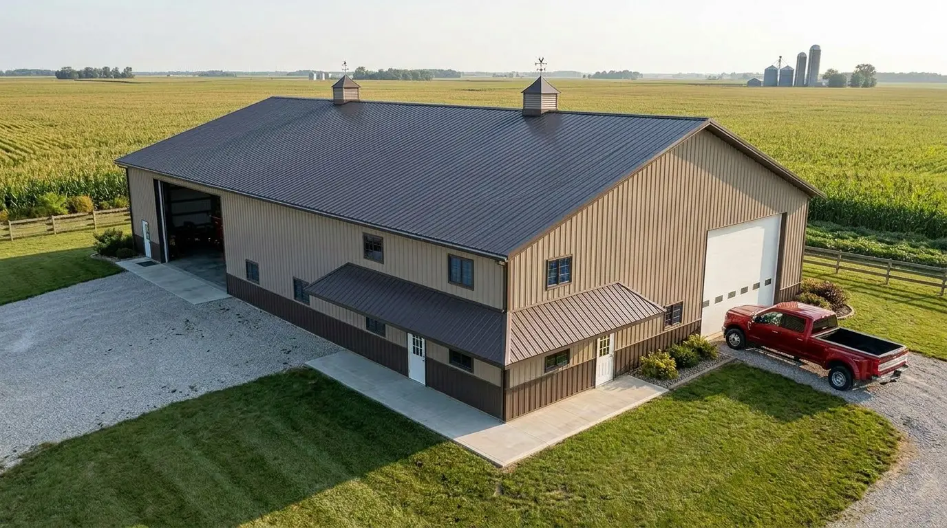 Modern post frame building with garage doors, covered porch, and dark exterior siding.