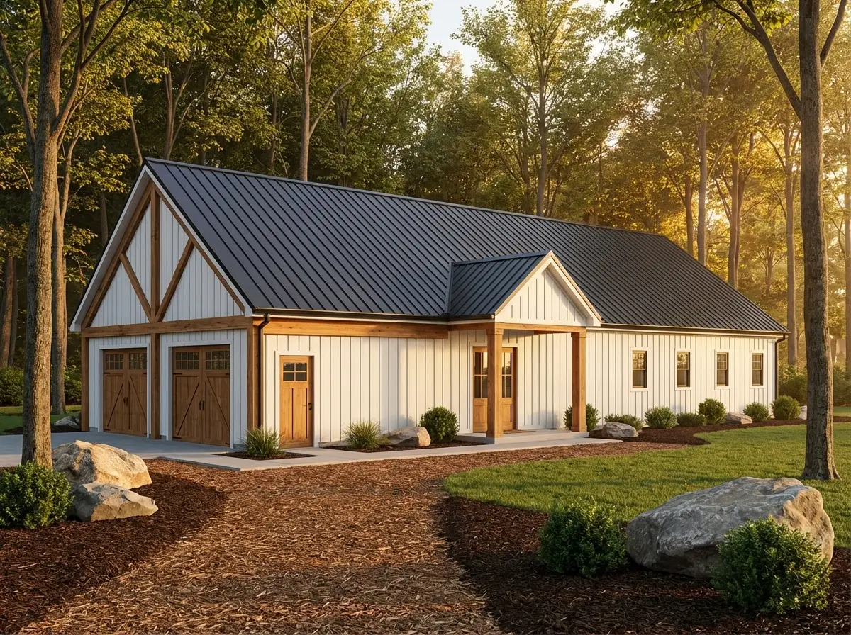 Barndominium-style home is modeled with white vertical siding, black metal roof, wood trim, and attached two-bay garage, set on a landscaped wooded lot near Columbus, Ohio.